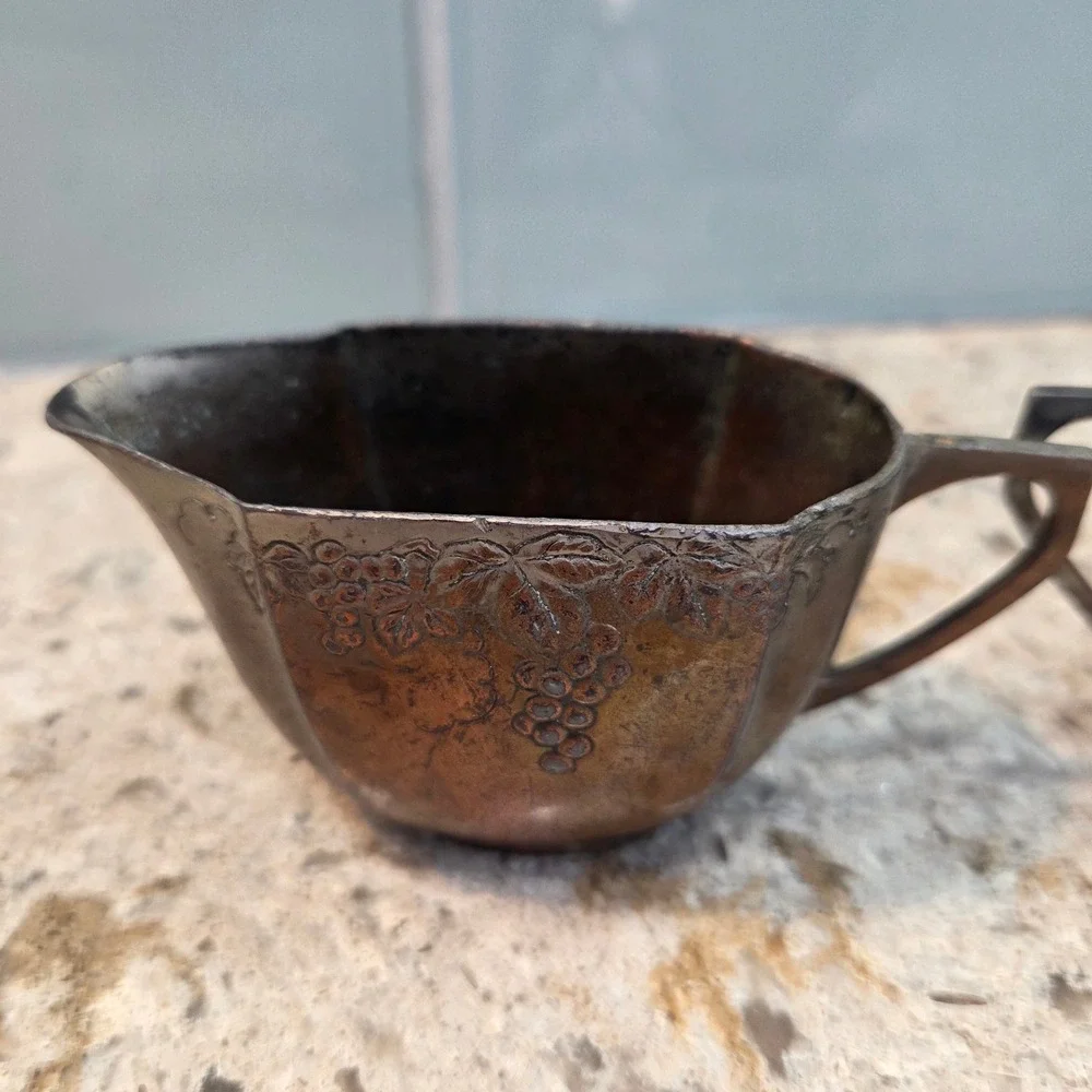 Vintage Japan Copper Creamer Sugar Bowl Set Embossed Grape Motif Cottagecore